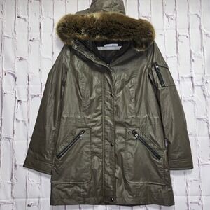 Calvin Klein Women's‎ Olive Green Brown Faux Fur Hood Parka Jacket Size S